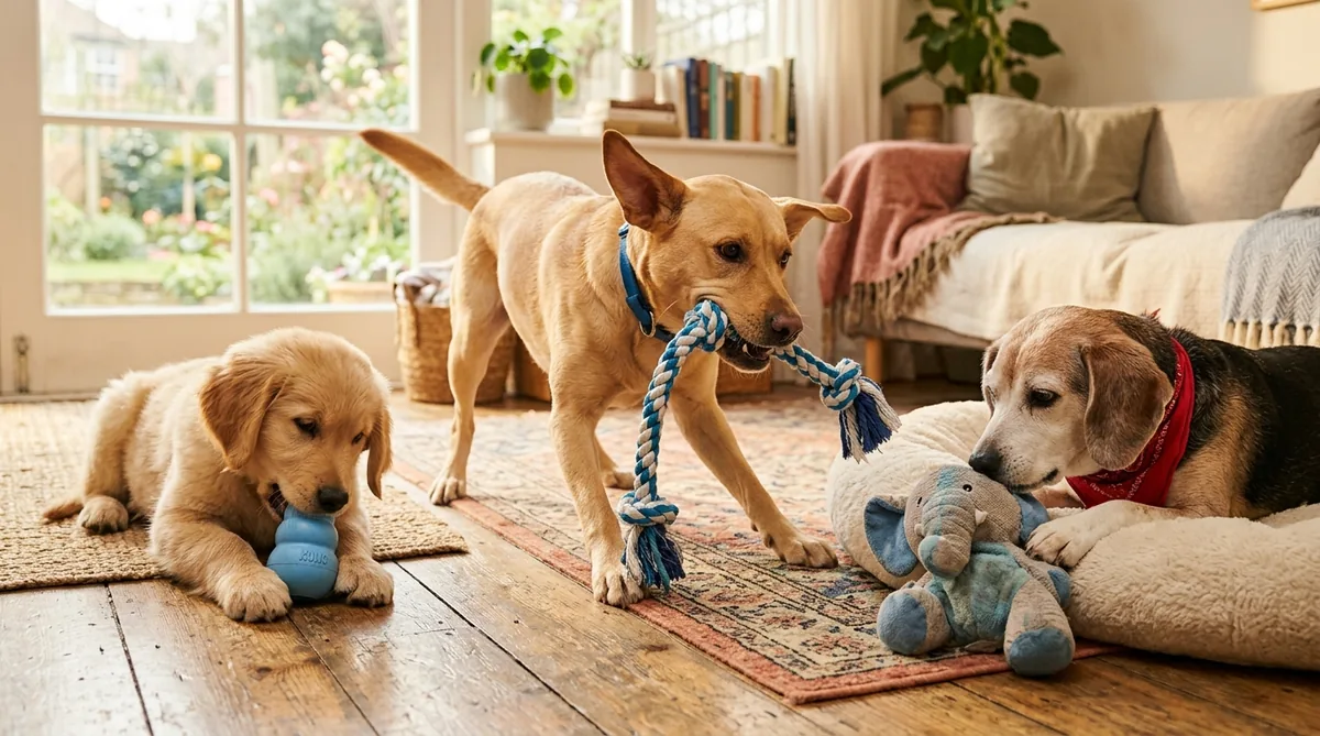 Puppy, adult dog, and senior dog with age-appropriate toys