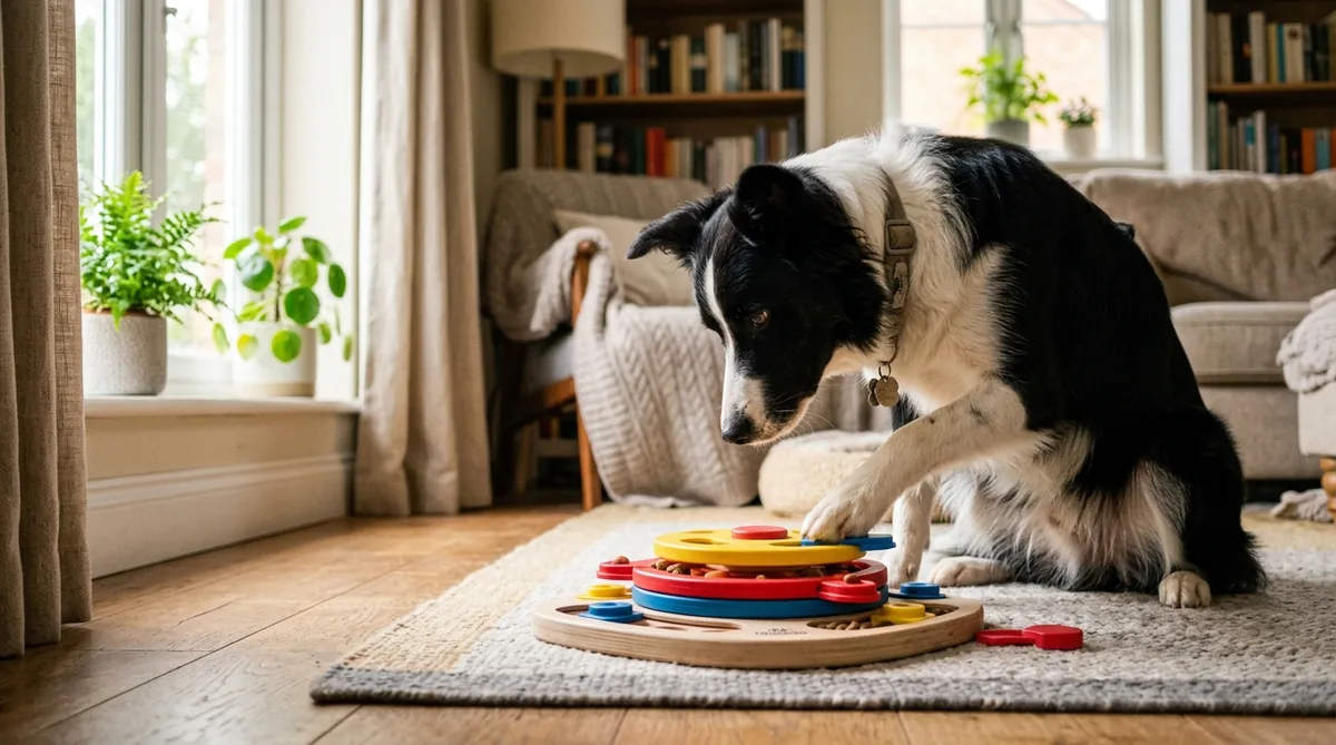 Border collie engaged with a treat-dispensing puzzle toy