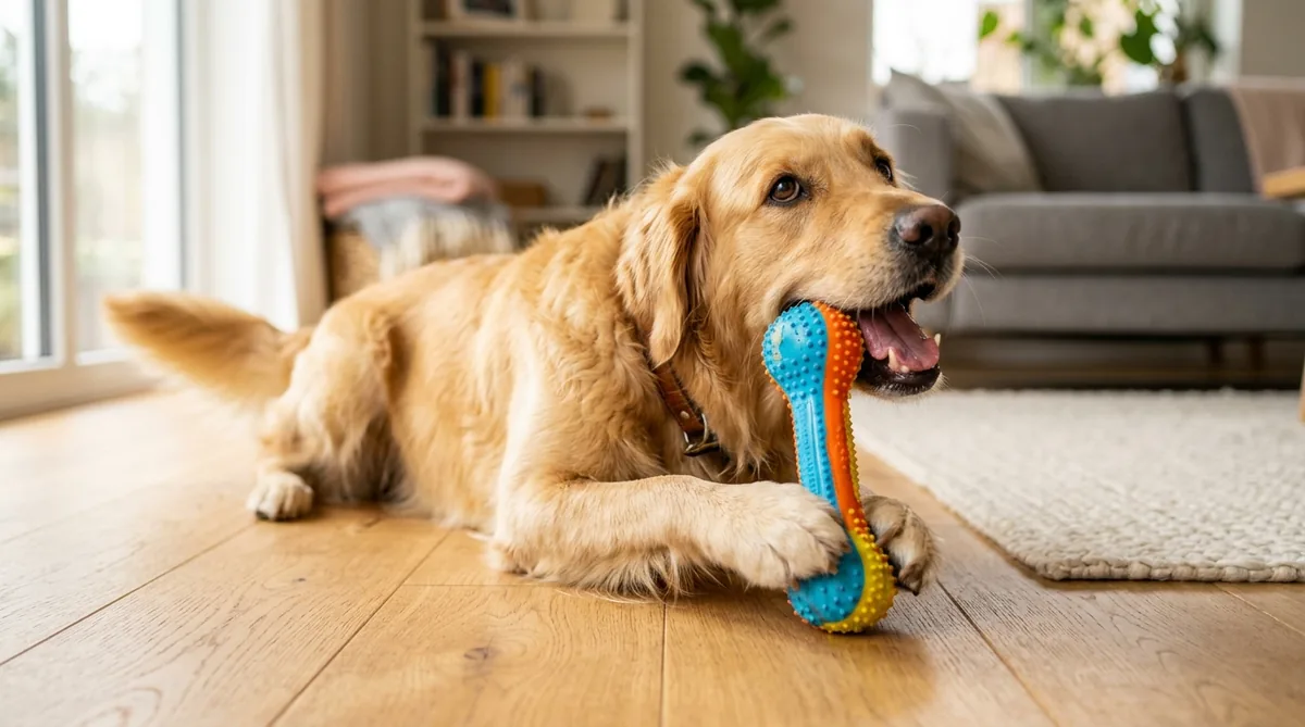 Best dog toys 2026: golden retriever playing with rubber chew toy