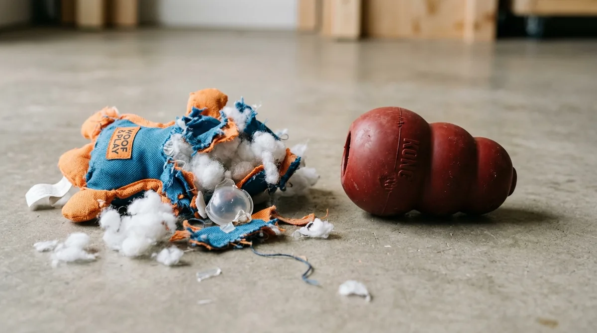 Damaged plush toy next to intact heavy-duty rubber KONG