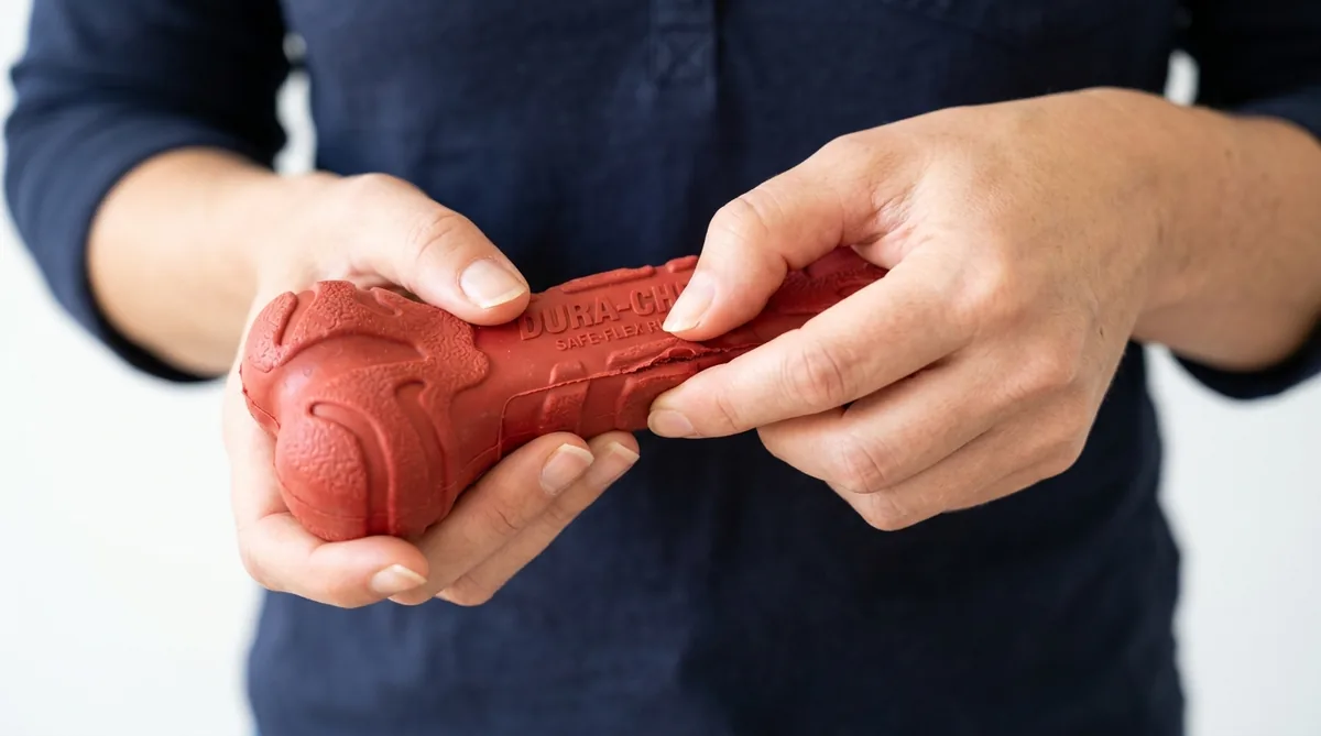 Inspecting a rubber dog chew toy for safety and durability