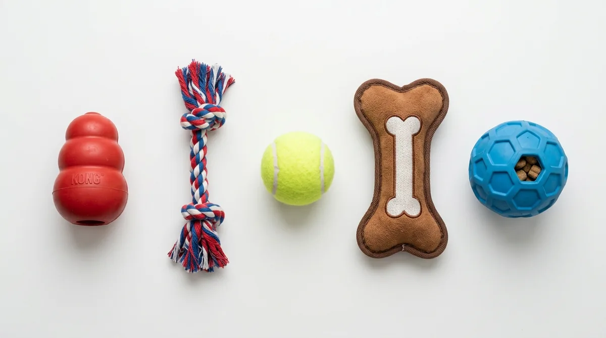 Different types of dog toys: KONG, rope, tennis ball, plush bone, puzzle ball