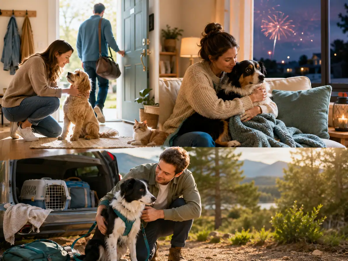 Common dog anxiety triggers shown together: an owner leaving the house, fireworks at night, and car travel