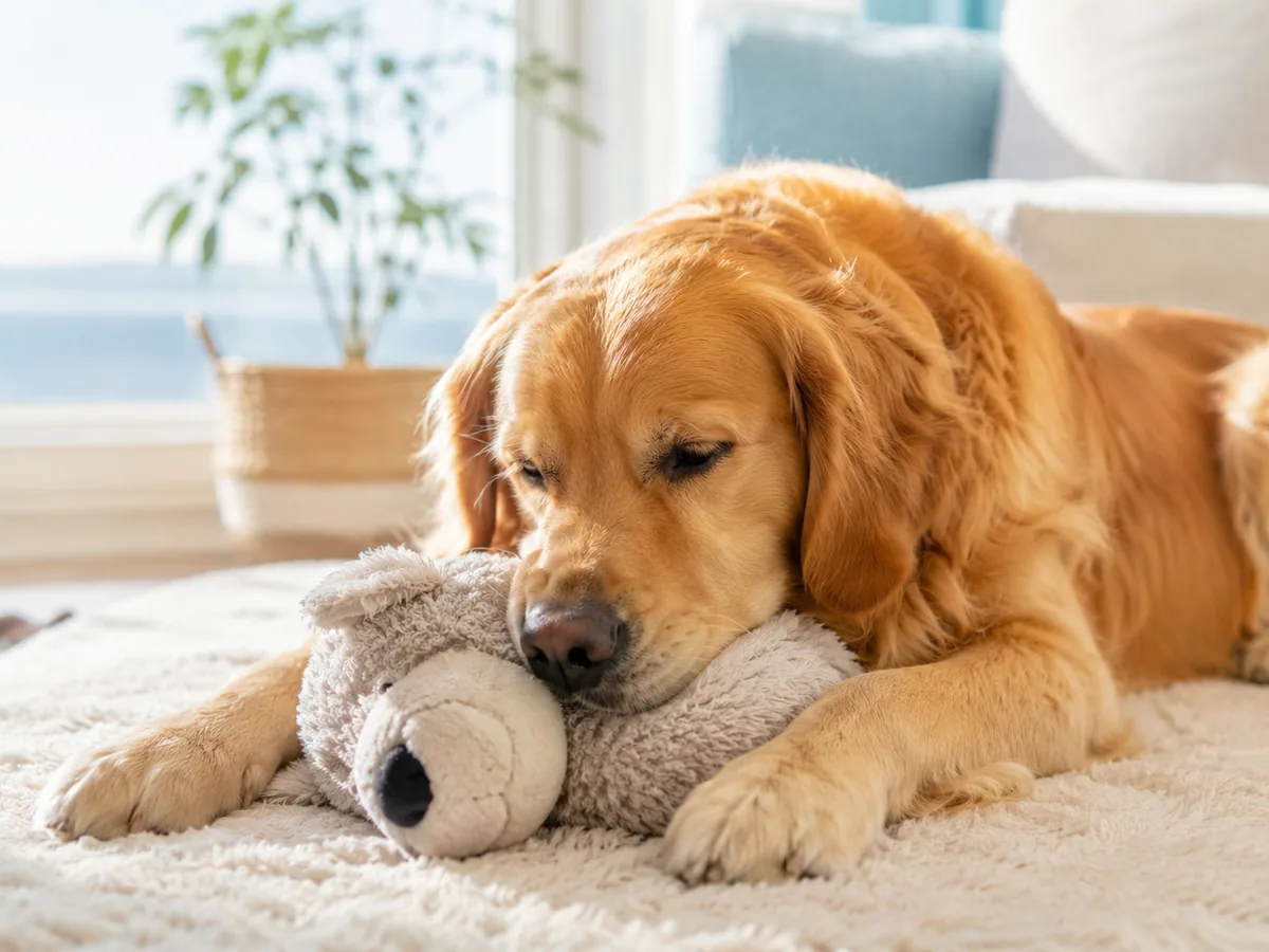 Golden retriever resting calmly on a bed with a soft plush toy under its chin