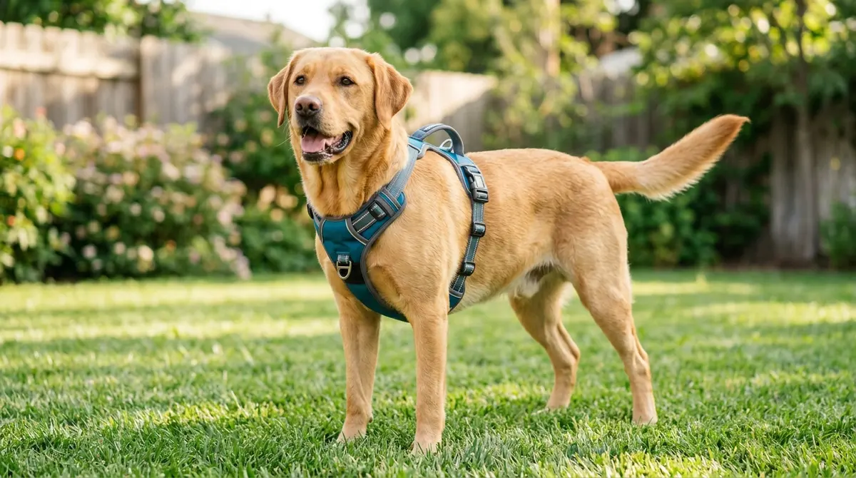 Dog wearing a comfortable canine harness with chest support and adjustable side straps