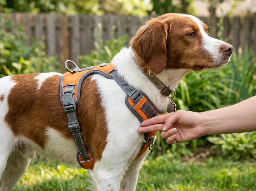 Canine harness fit guide showing chest strap position, neck clearance, and leash attachment point