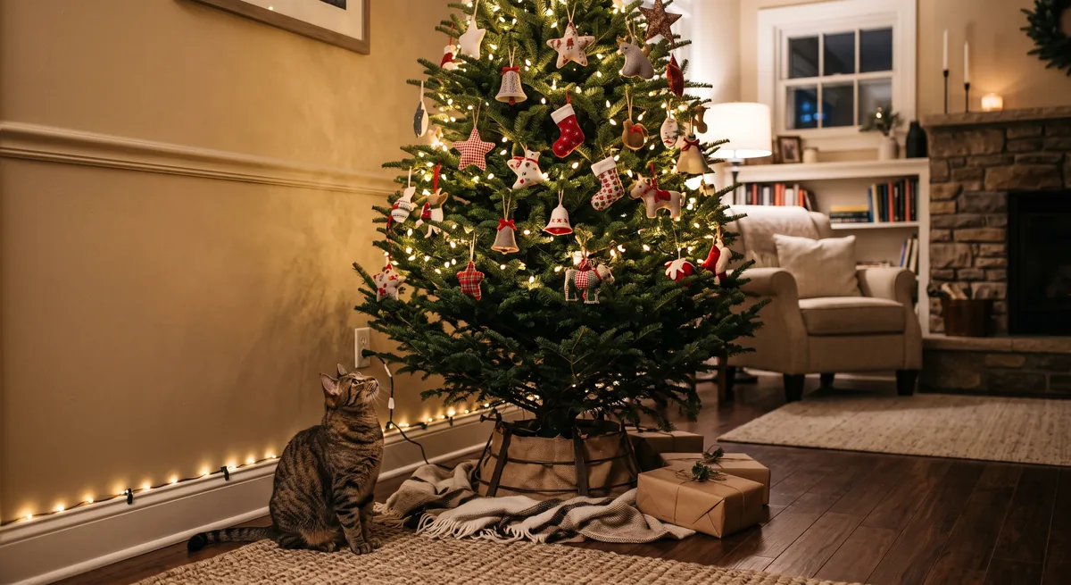 Brown tabby cat sitting on the floor looking up at a Christmas tree whose lowest branches are left bare
