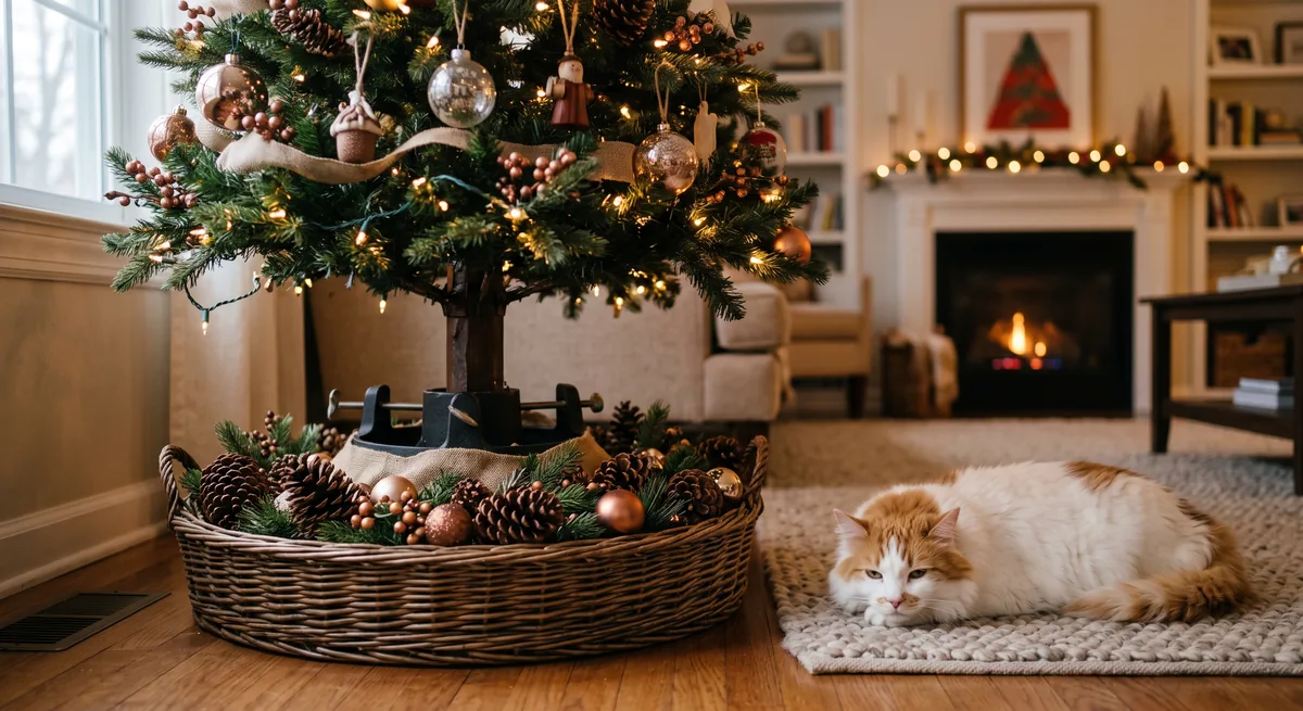 Christmas tree trunk held in a heavy weighted stand with a cat lying calmly on a rug a short distance away