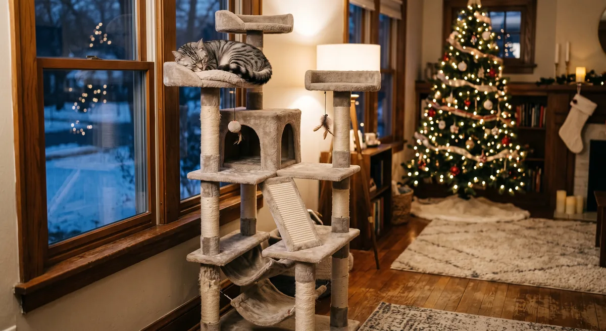 Silver tabby cat asleep on an upper platform of a tall carpeted cat tree beside a window, with a lit Christmas tree in the background