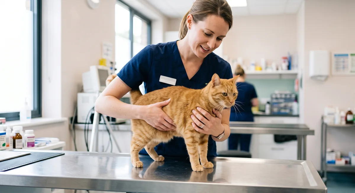 Veterinarian in scrubs gently examining a calm ginger cat on a stainless steel examination table