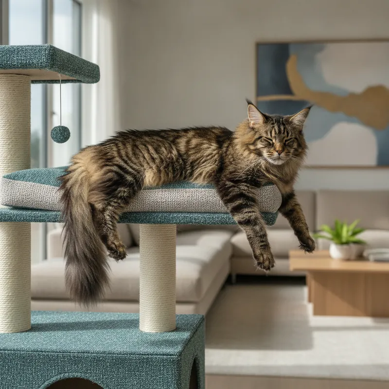 Large Maine Coon resting on a roomy cat condo platform