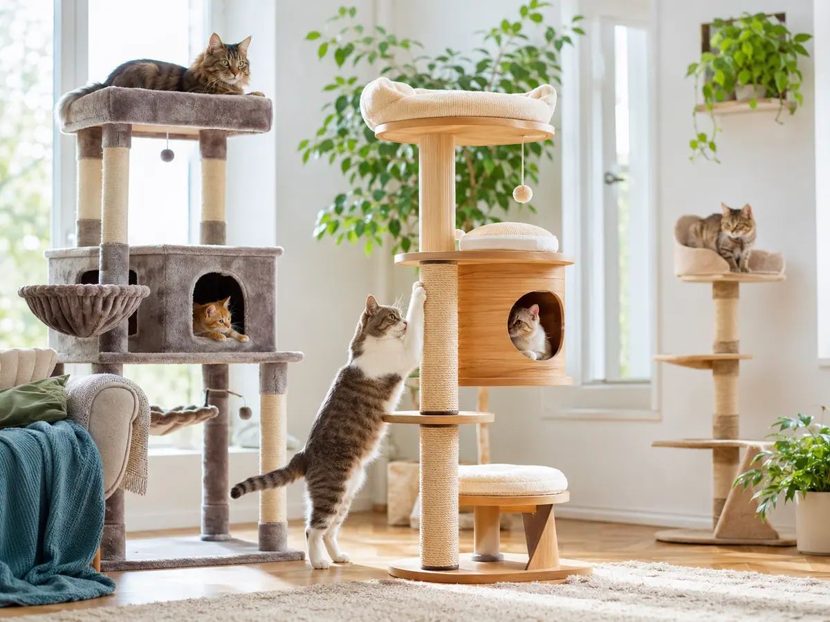 Cats resting and climbing on multi-level cat condo towers with enclosed cubbies