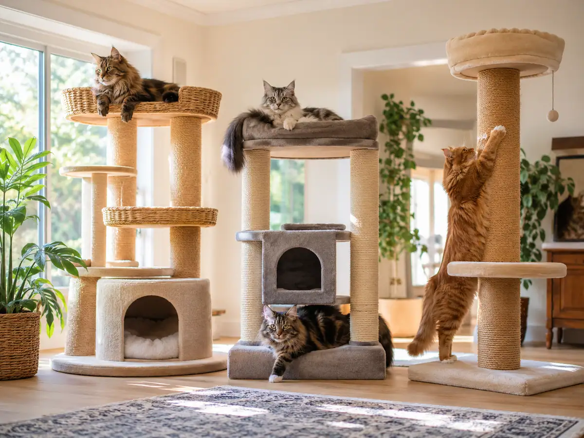 Large cat resting on a stable cat tree platform with wide supports
