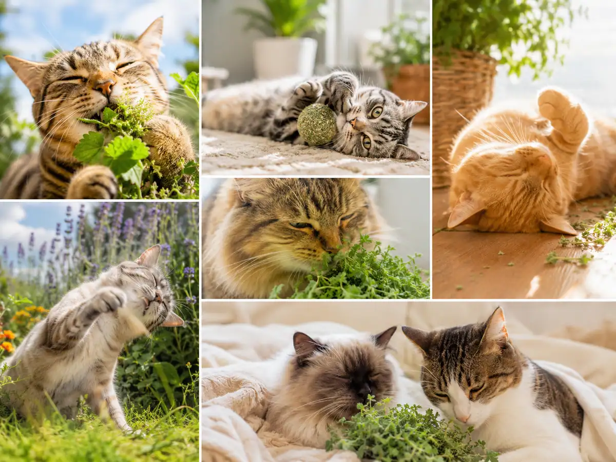 Cats sniffing, rolling in, and rubbing against fresh catnip plants