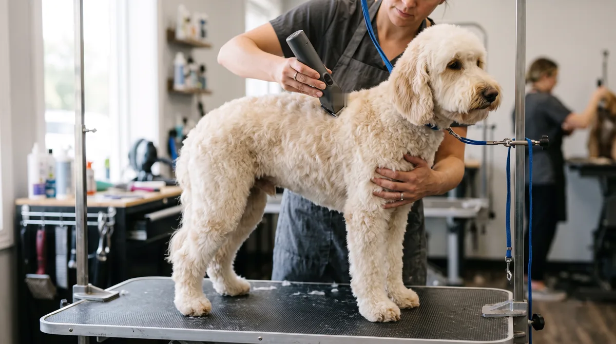 Groomer using cordless clippers on a curly-coated doodle standing on a grooming table