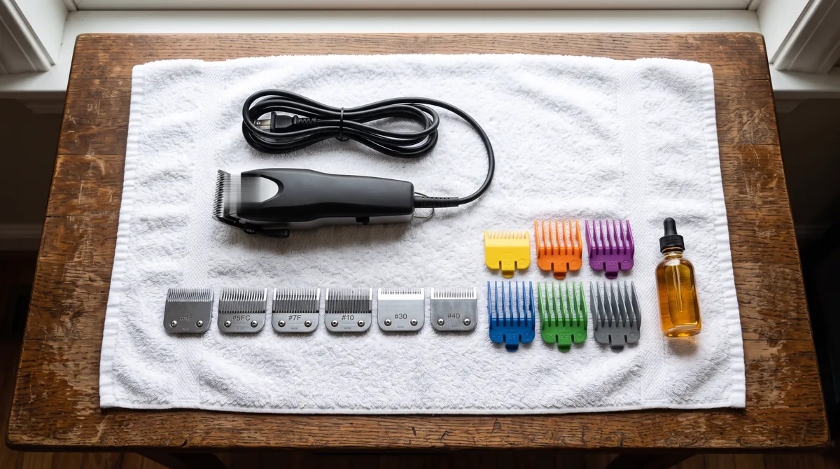 Detachable dog clipper blades in sizes 4F to 40 laid out beside snap-on guard combs and clipper oil