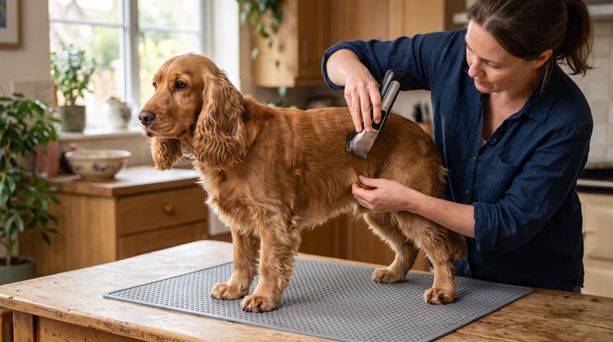 Owner clipping a cocker spaniel's side with the blade held flat against the coat