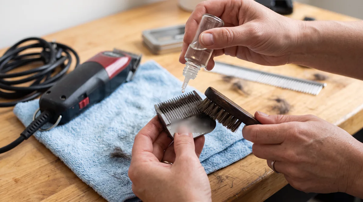 Hands brushing hair out of a detachable clipper blade and adding a drop of clipper oil