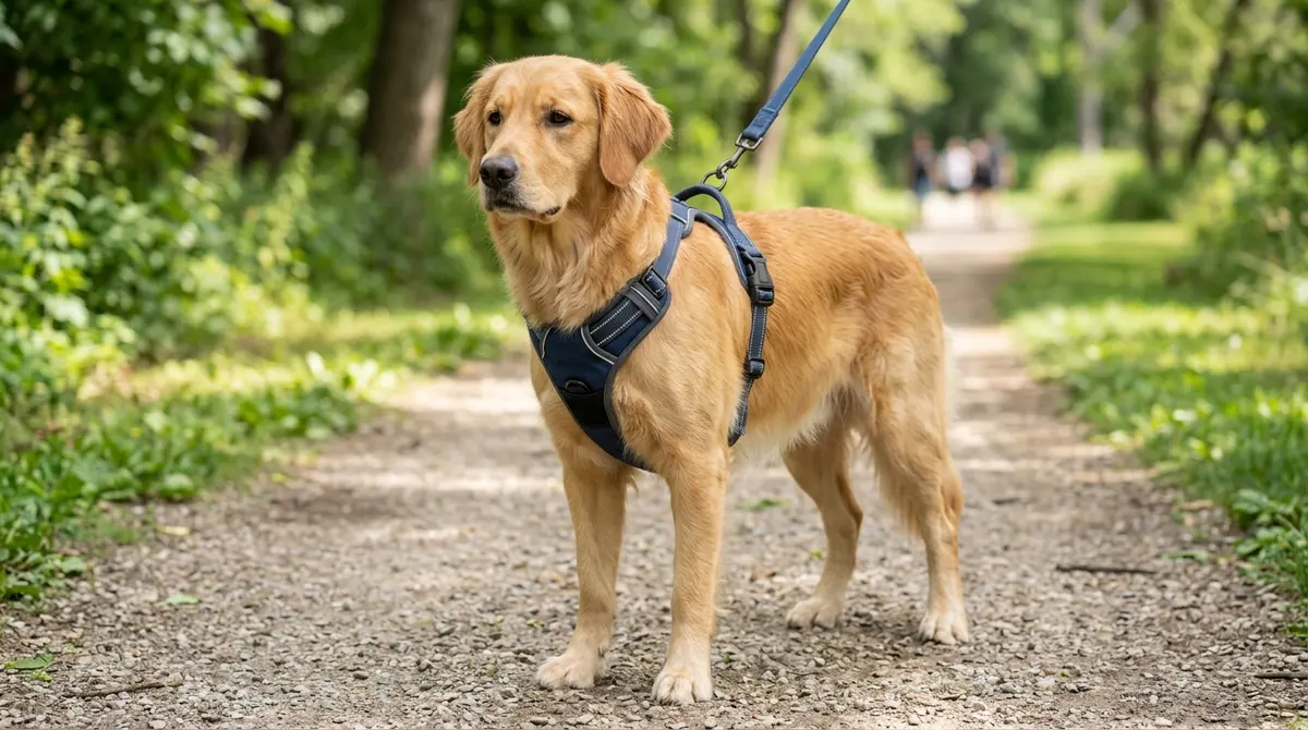 Medium dog in a daily walking harness with padded chest panel and secure leash ring