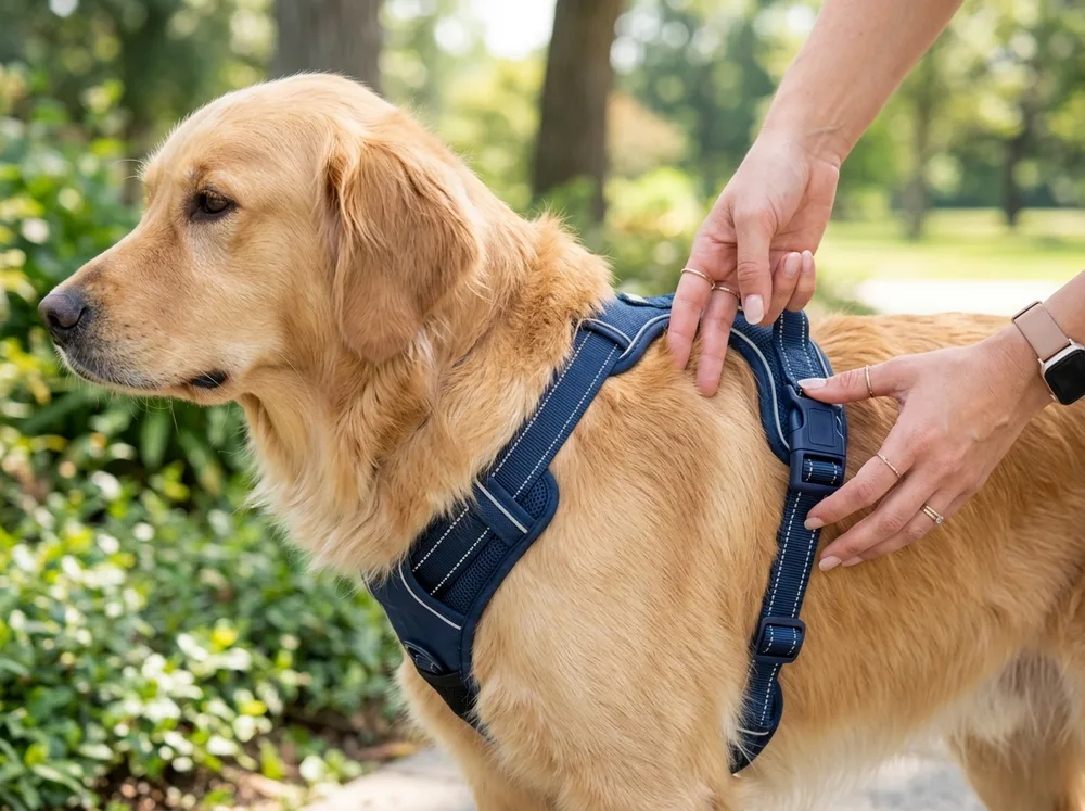Dog harness safety visual with two finger fit check, padded straps, and secure buckle points