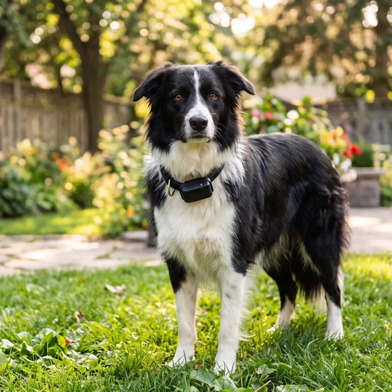 Dog wearing a GPS tracker unit on its collar outdoors