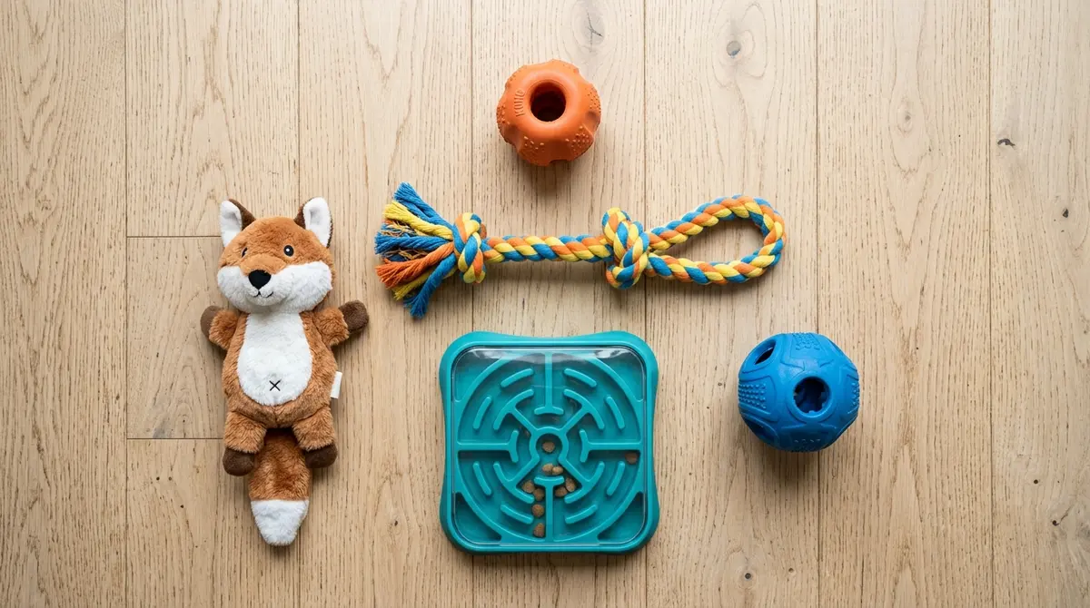 Curated dog toy bundle with chew toy, rope toy, plush toy, puzzle feeder, and treat ball