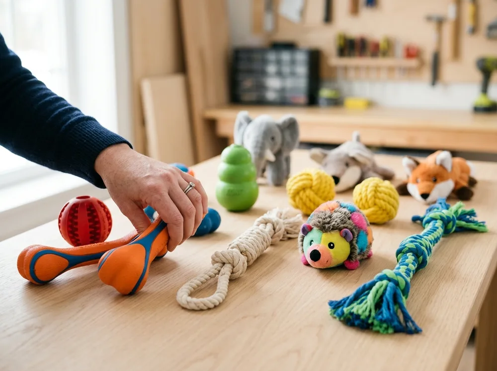 Dog toy bundle safety checklist showing size, material, supervision, and rotation considerations