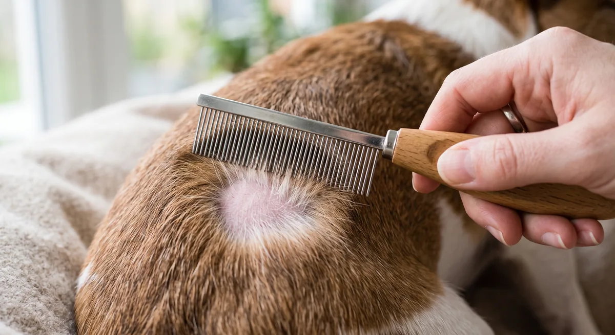 Metal grooming comb parting a dog's short coat to reveal the skin underneath