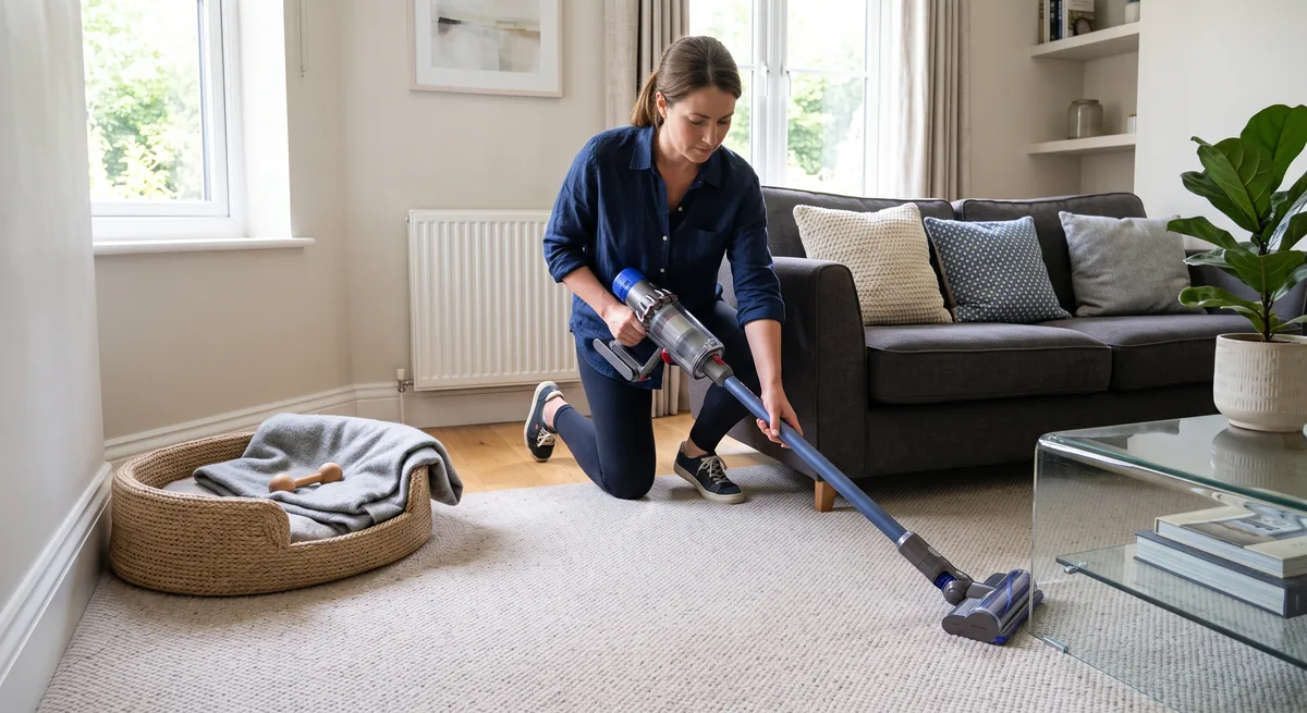Person vacuuming a living room carpet beside a dog bed and along the edge of the furniture