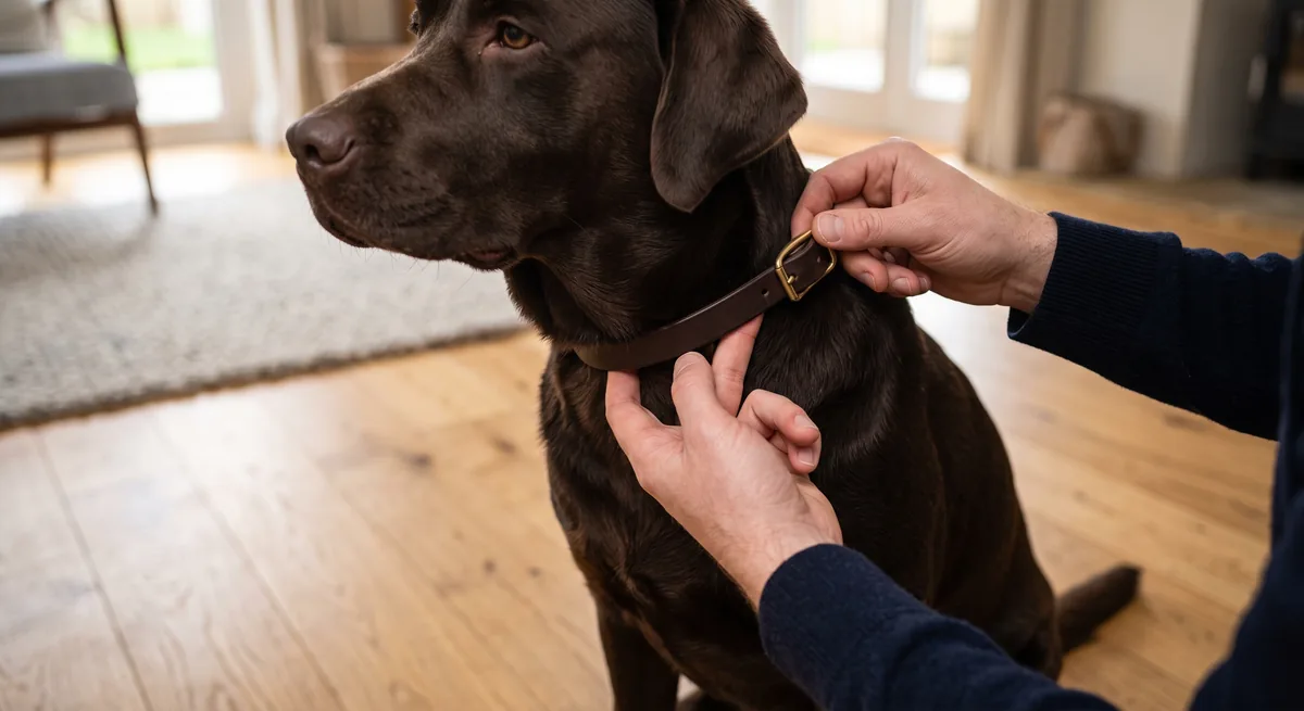 Hands fastening a plain collar on a chocolate labrador while two fingers check the fit underneath