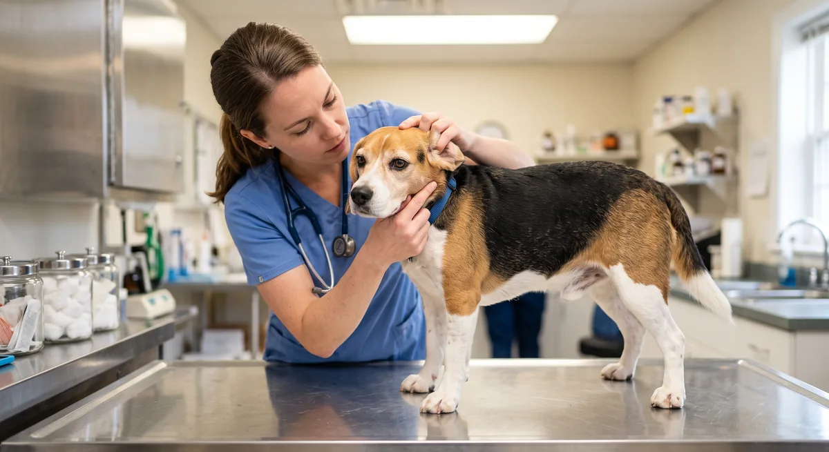 Veterinarian in scrubs examining the head and neck of a beagle standing on an examination table