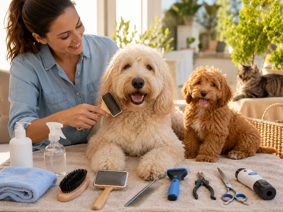 Deshedding and grooming brushes laid out while a dog is being brushed