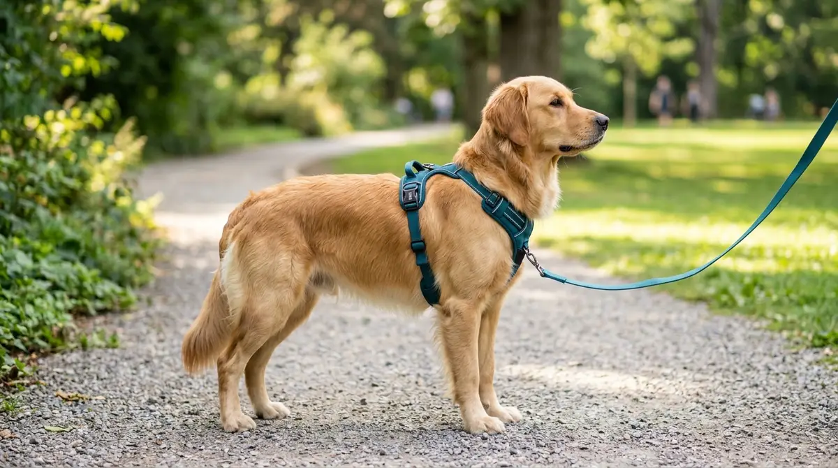 Step by step visual of a harness positioned correctly on a dog for comfortable walking
