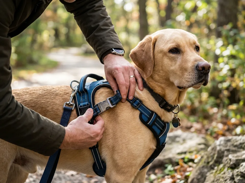 Dog harness adjustment guide with chest strap, shoulder clearance, and leash connection point
