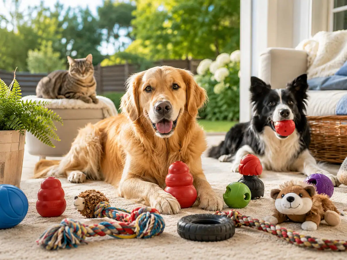 Two dogs relaxing beside classic snowman-shaped rubber chew toys in red and black