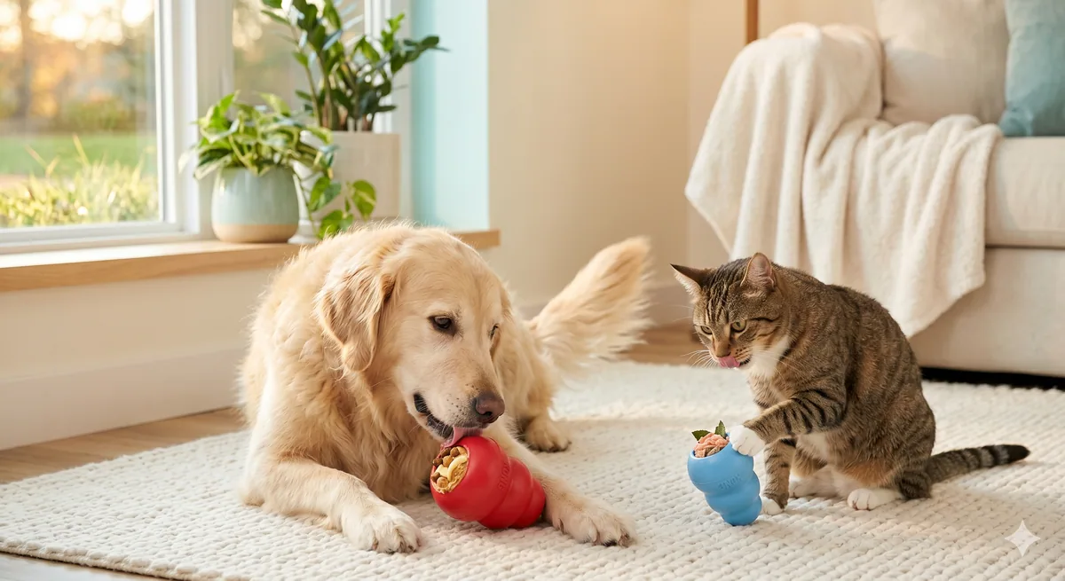Golden retriever licking food stuffed inside the hollow core of a red rubber toy