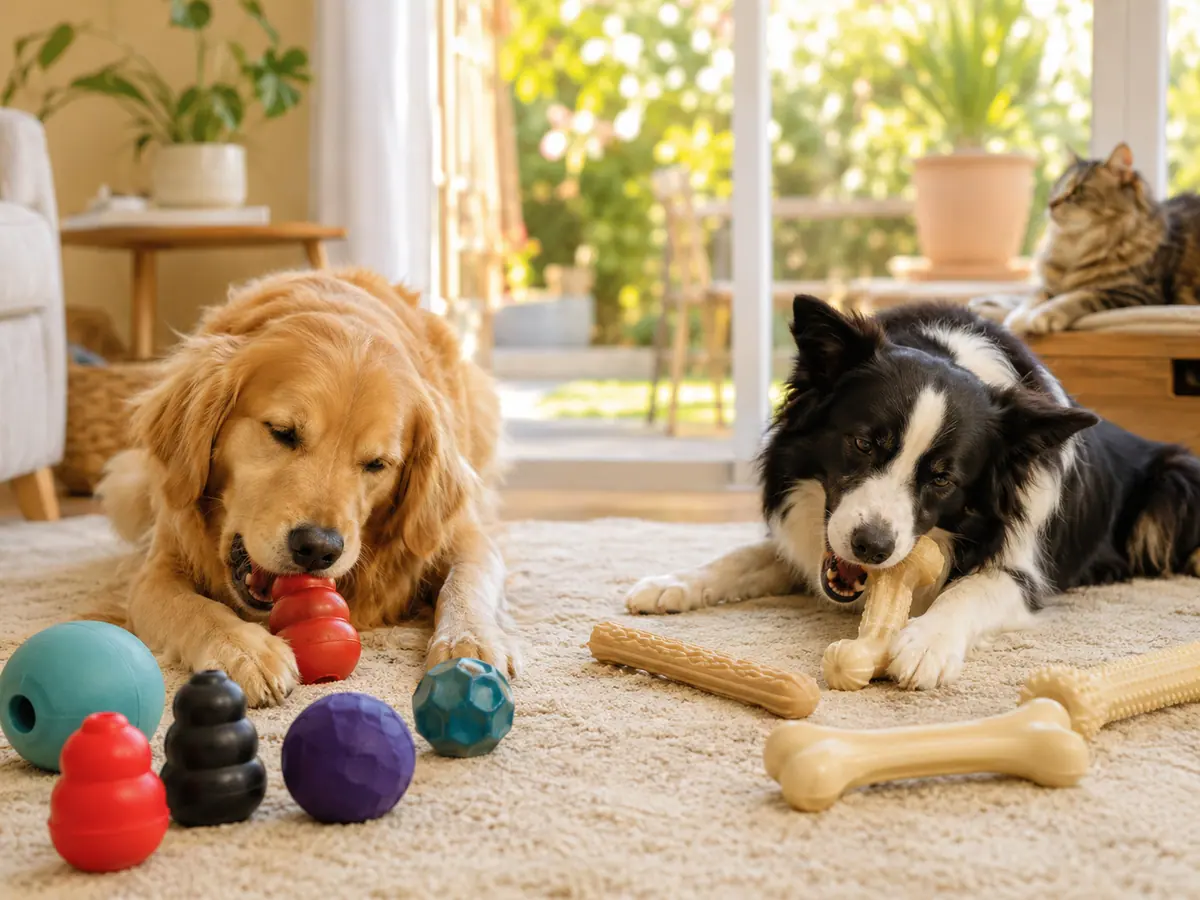 Two dogs chewing rubber toys and nylon chew bones side by side on a living room rug