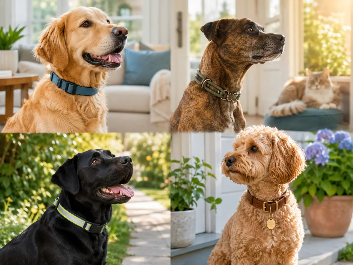 Dogs wearing different walking collar styles, including a chain-loop half-check design