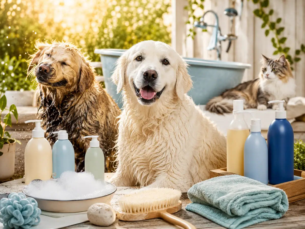 Bath time setup with dogs, unbranded shampoo bottles, brushes, and towels