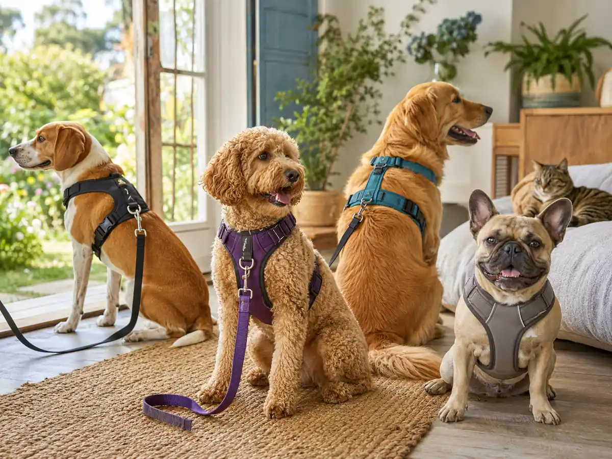 Four dogs wearing different walking harness styles indoors