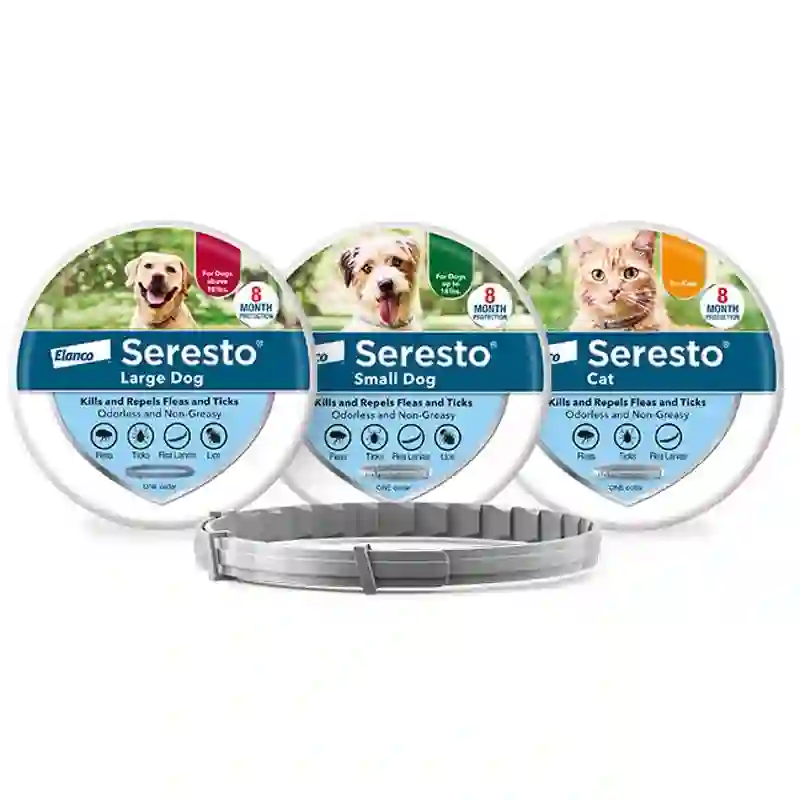 Seresto Large Dog, Small Dog and Cat collar packaging shown side by side with weight ranges printed on each box