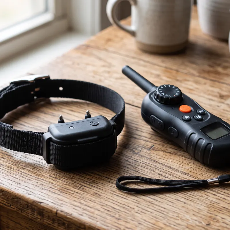 Remote training collar with handheld transmitter on a table