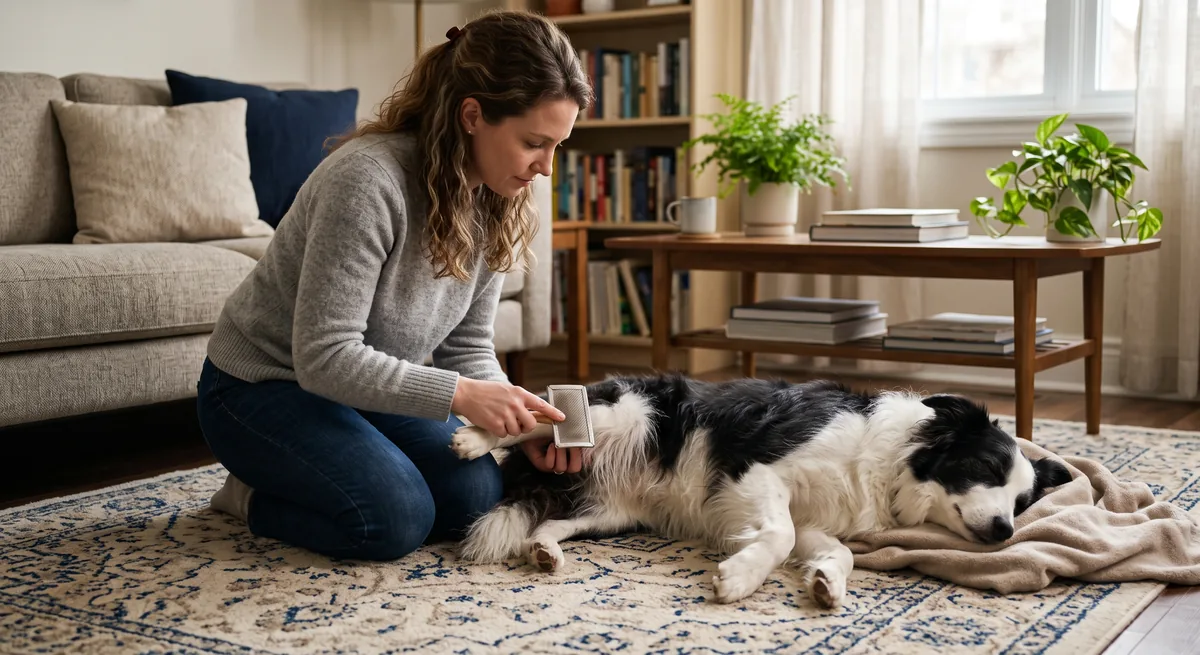 Owner kneeling on a living room rug and brushing the coat of a relaxed border collie lying down, using a slicker brush