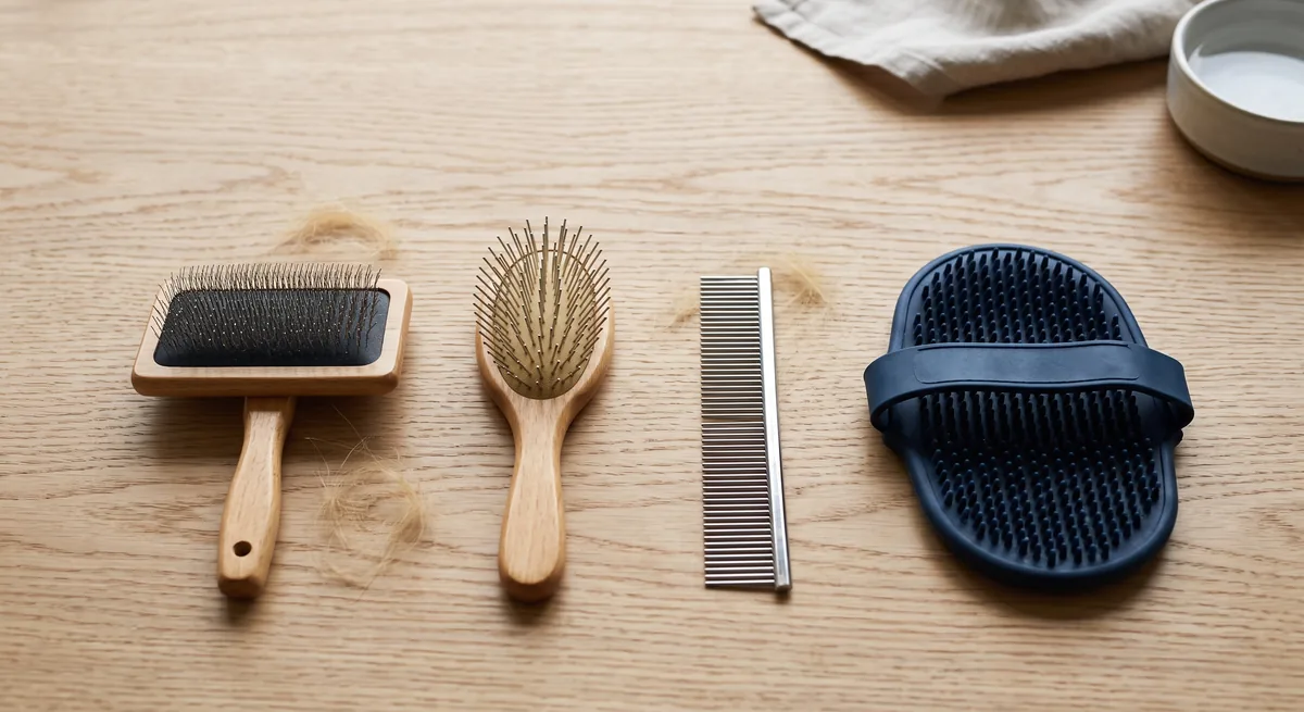 A slicker brush, a pin brush, a metal grooming comb and a rubber curry mitt laid side by side on a wooden table