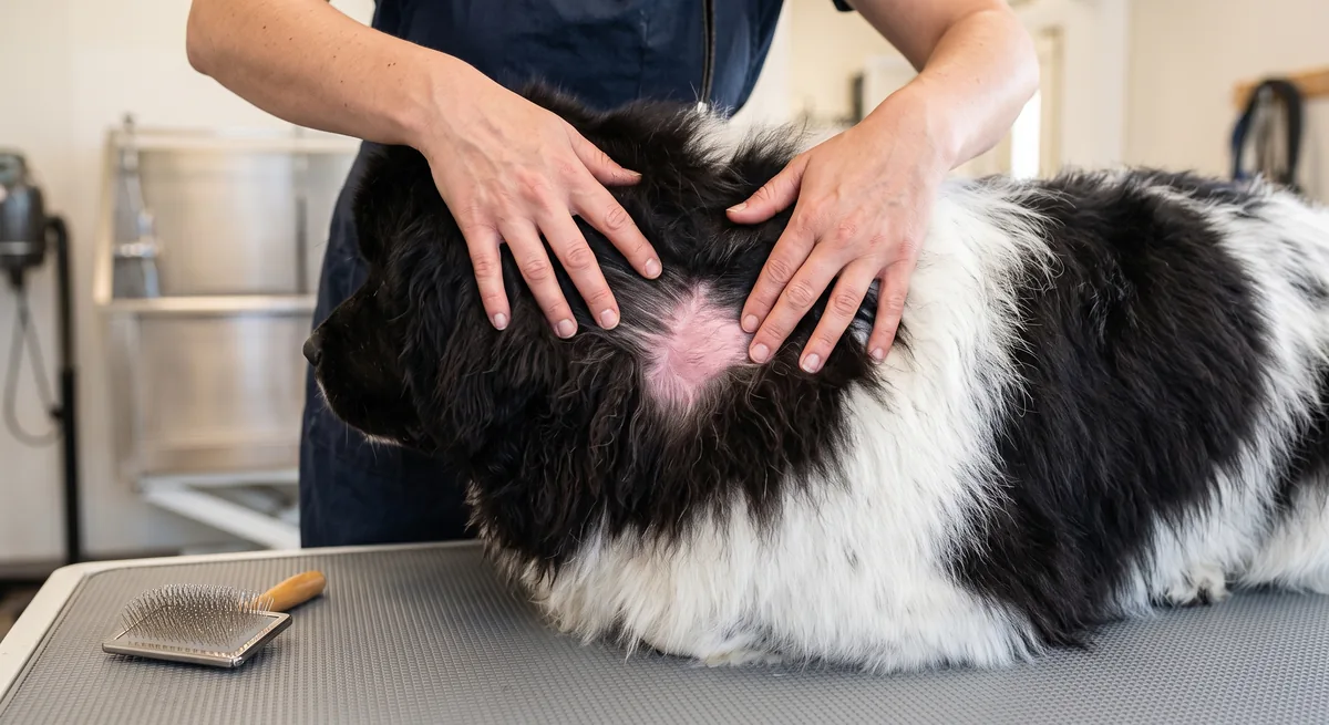 Groomer parting the dense coat of a black and white dog with their fingers to inspect the skin underneath