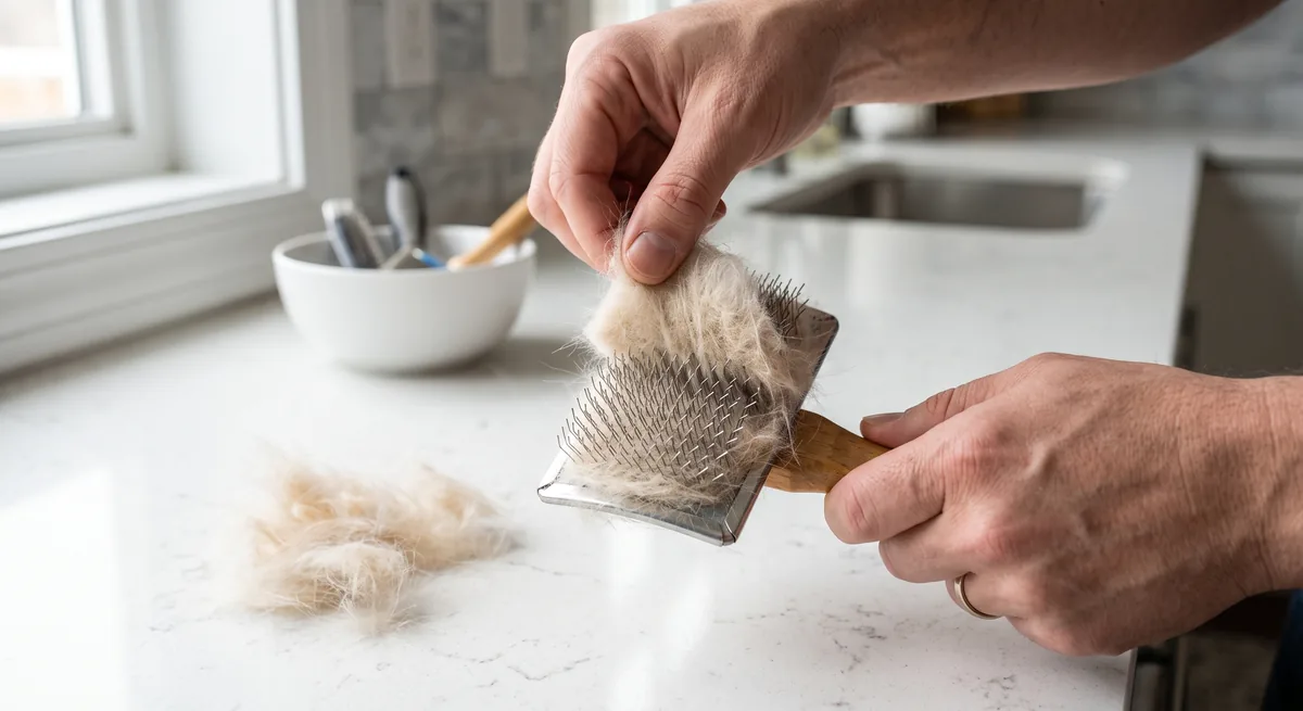 Hands pulling a thick pad of collected dog hair out of the wire pins of a slicker brush