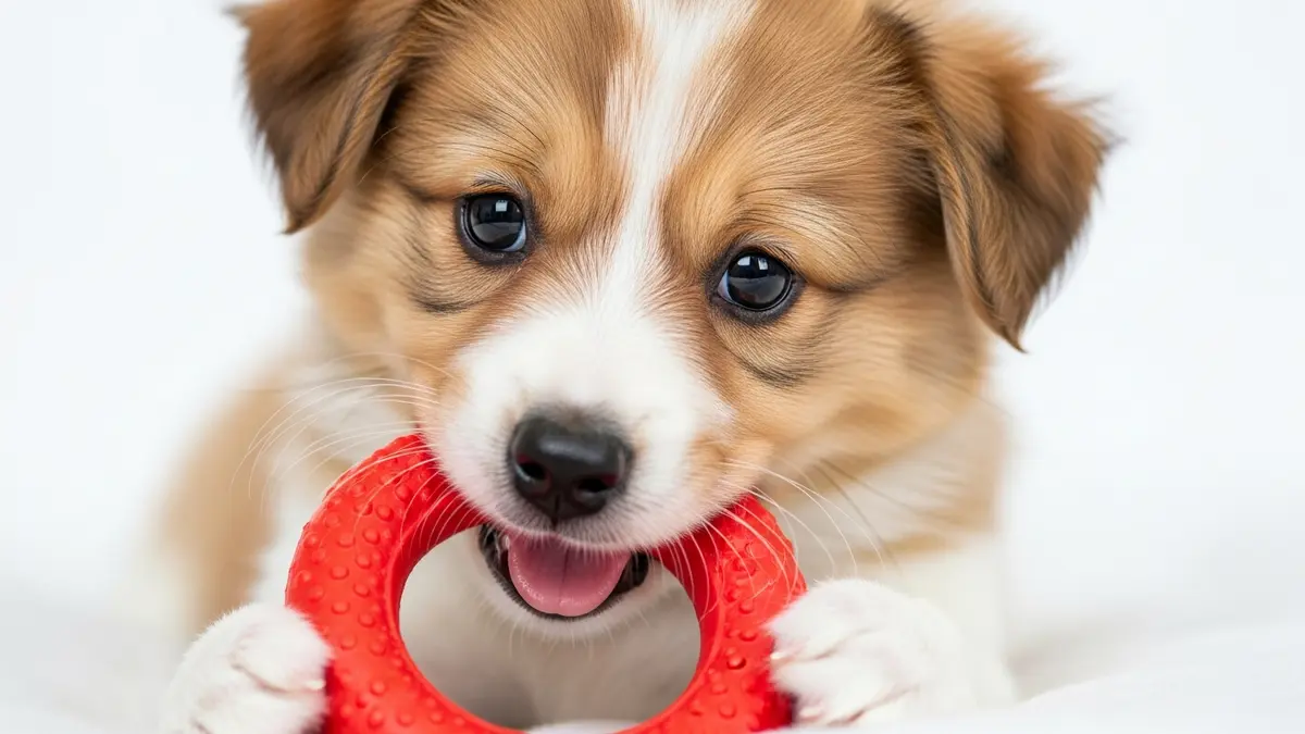 Young puppy chewing a textured red rubber teething ring