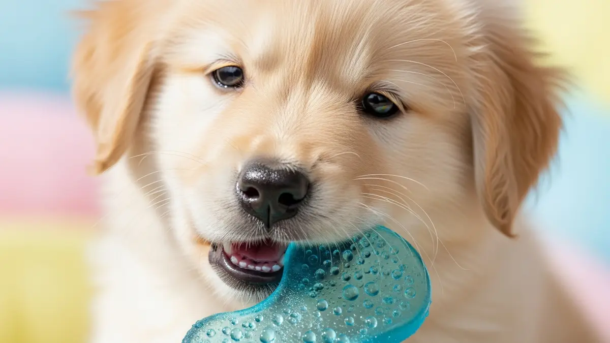 Golden retriever puppy mouthing a chilled water-filled teething toy