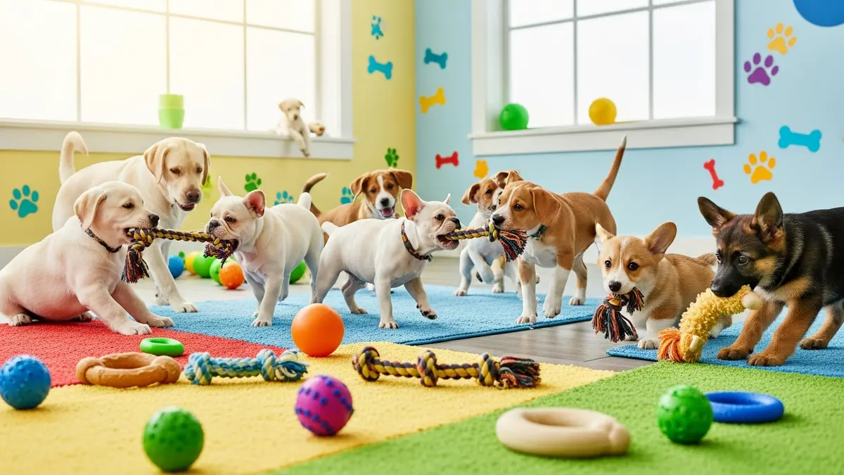 Group of puppies of different breeds and sizes playing with assorted chew toys on play mats