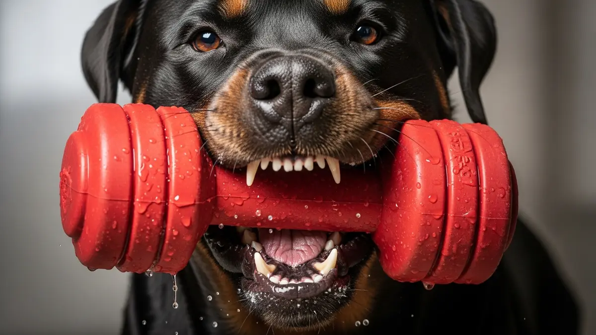 Rottweiler gripping a thick red rubber dumbbell chew toy in its jaws